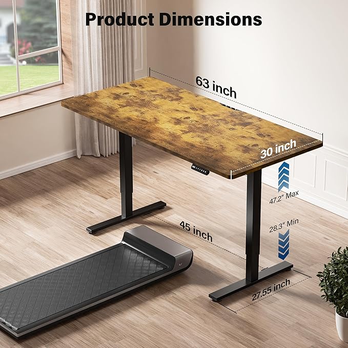 Electric Standing Desk, 63 x 30 Inch, Rustic Brown | Extra Large Desktop, Adjustable Height, Sit to Stand, Home Office Workstation, Supports Dual & Triple Monitor