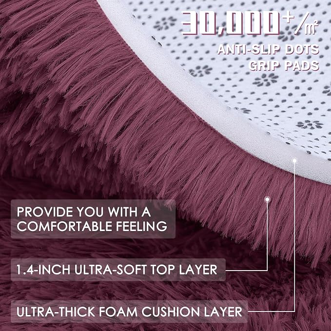 OLANLY Burgundy Round Rugs for Bedroom - Machine Washable, 6 ft Circle Area Rugs for Living Room, Soft and Fluffy Shaggy Carpet for Teen Girls and Boys, Nursery Rooms, Dorms, Home Decor Aesthetic
