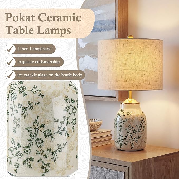 Tellingyou 2 Pcs 21" Vintage Green Ceramic Lamp with Beige Linen Shade Farmhouse Modern Table Lamp Ice Cracked Rose Floral for Bedroom Living Room Office Dorm Desk Table Rocker, Bulbs Not Included