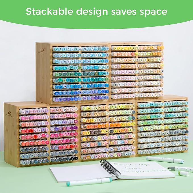 Ohuhu Bamboo Marker Organizer, Wooden Desktop Storage Hold 126 Markers, Pens, Pencils, Art Brushes Stationary Organizer Pencil Holder with 18 Compartments for Home, Classroom, Office Decor