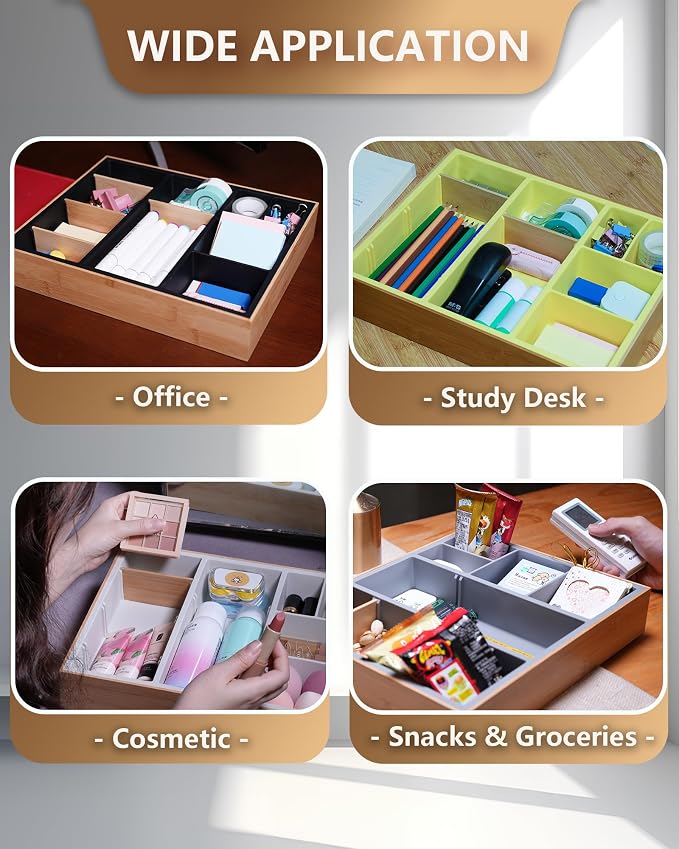 Bamboo Desk Drawer Organizer Tray, Silicone Sturdy Junk Drawer Organizer with 10 Adjustable Compartments, Desk Organizers and Accessories with 4 Removable Dividers for Office Home (White)