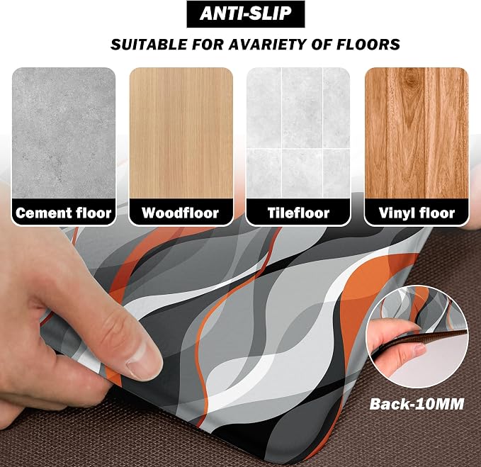 Kitchen Mats for Floor Modern Abstract kitchen rugs Grey and Orange Stripe Anti Fatigue Kitchen Mats Waterproof Floor Mats Cushioned Non-Skid Standing Mats for Kitchen, Set of 2,17.3 x 28+17.3 x 47