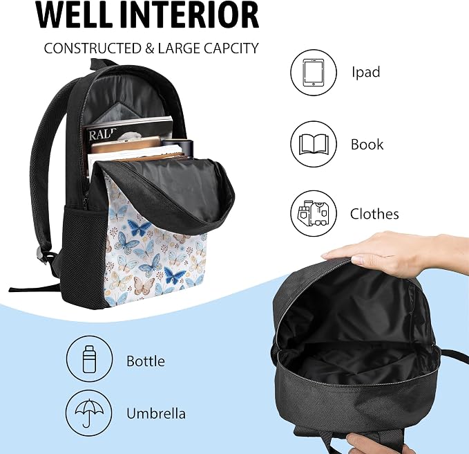 3PCS Butterfly Backpack for Boys Girls Teens, School Backpack with Lunch Box Pencil Case for Elementary Middle High Students, 17 Inch Lightweight Bookpack 3 in 1 Set Back to Shool Gifts for Kids