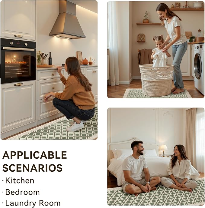 Sage Green Vintage Geometric Elegance Grid Kitchen Rug Sets [2 PCs], Anti-Fatigue, Waterproof Non-Slip Kitchen Mats Heavy Duty Comfort Foam Rug for Kitchen, Floor, Laundry,17"x29"+17"x47"