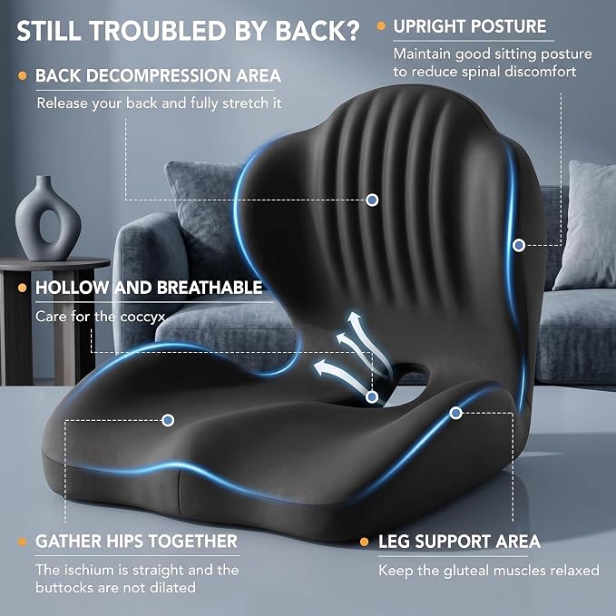 Ergonomic Seat Cushion with Lumbar Support (Black) | Office Chair Seat Cushion, Memory Foam Orthopedic Cushion with Tailbone Hollow, Sciatica & Back Pain Relief for Long Sitting
