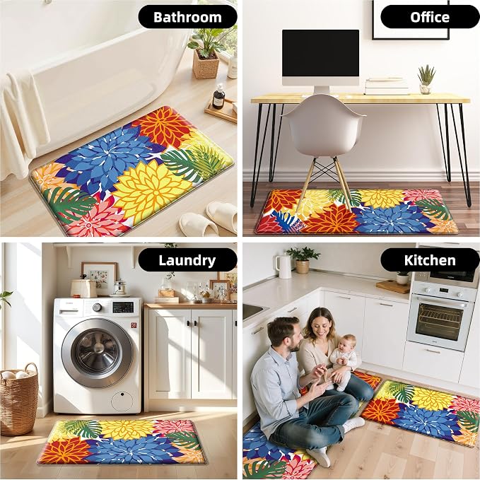 Arenarug Kitchen Mats for Floor 2PCS Cushioned Anti Fatigue Kitchen Mats Waterproof Non Slip Kitchen Mat Rug Set Comfort Foam Standing Mat for Sink, Laundry, Office,17.3" x 28" + 17.3" x 59", Colorful