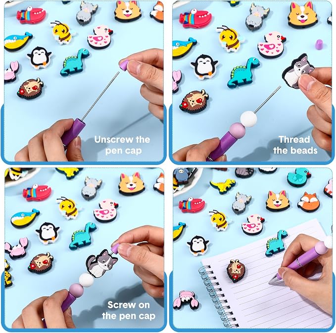 Humyoun 122 Pcs Beadable Pen Kit for DIY Pens Making Back to School Supplies with 12 Beaded Pens 110 Silicone Focal Beads, Black Ink Pen Gift for School Office Students Classroom(Stylish Style)