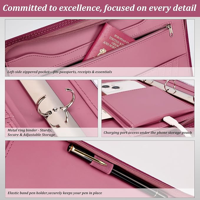 Leathario Portfolio Binder, Includes 5 Folder Index Dividers and 3 Notepads, 3-Ring Folder Organizer, Padfolio with Zipper, Vegan Leather Tablet Sleeve, Business Office Conference Clipboards