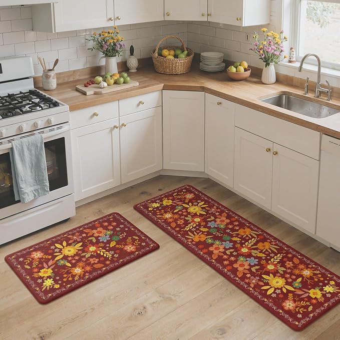GENIMO Anti Fatigue Kitchen Mats for Floor 2PCS, Cushioned Standing Mats | 17.3"x59"&17.3"x30", Red vintage floral rug set, waterproof, non slip, easy-clean for farmhouse