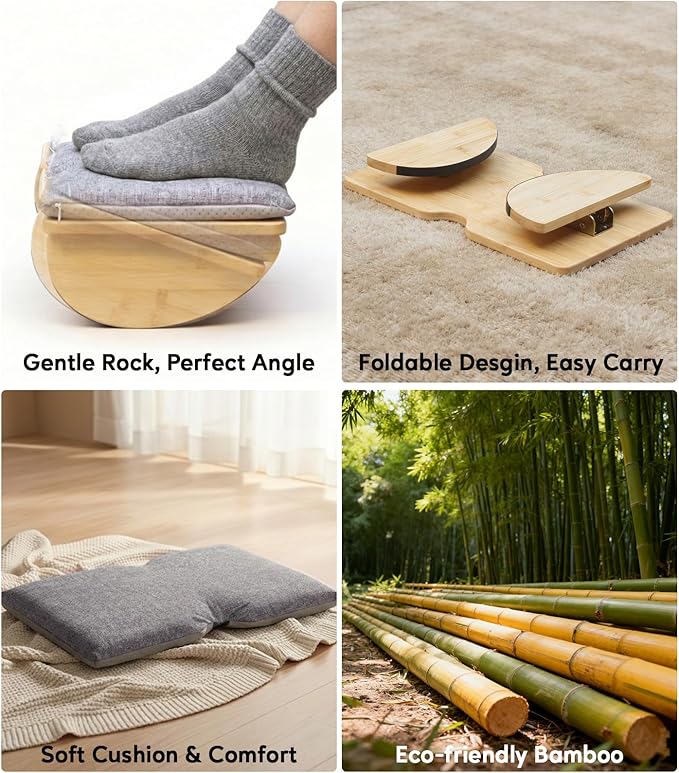 Bamboo Foldable Foot Rest Under Desk with Washable Cushion,Ergonomic Foot Stool,Rocking Footrest for Under Office Desk, Desk Leg Rest for Home Office (Natural Color)
