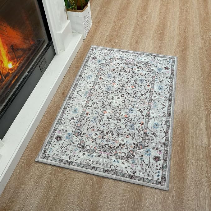 Vasofe 2x3 Area Rug for Bedroom, Small Rugs for Entryway, Kitchen, Bathroom, Non-Slip Washable Carpet Soft Low Pile Vintage Floral Grey Mat Front Door Mats for Indoor Entrance