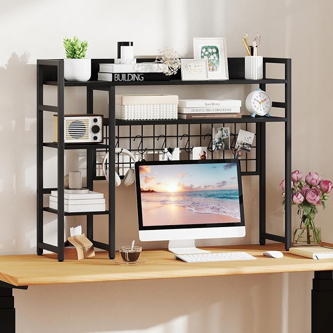 Tangkula Desktop Bookshelf for Computer 32” Monitor, 37" Countertop Storage Hutch with 4 Open Storage Shelves, Grid Panel, Anti-tip Device, 4-Tier Desktop Display Shelves for Home Office