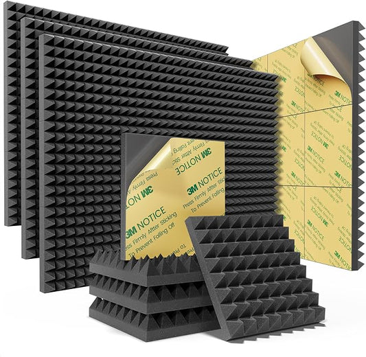 Sonicism Sound Proof Foam Panels for Walls 64 Pack Self-Adhesive 2"X12"X12" | Pyramid Acoustic Panels High Density Soundproof Wall Panels Fast Expand Sound Panels for Home Recording Studio Office,Black
