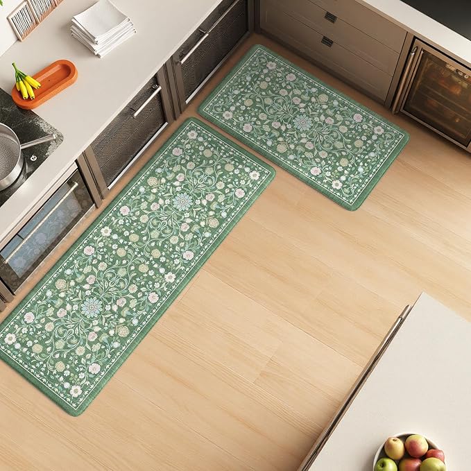 KIMODE Comfort Kitchen Mats for Floor Cushioned Anti Fatigue,Farmhouse Floral Spring Kitchen Rugs Sets of 2 Non Slip,Memory Foam Standing Carpet for Laundry Sink Office,Green