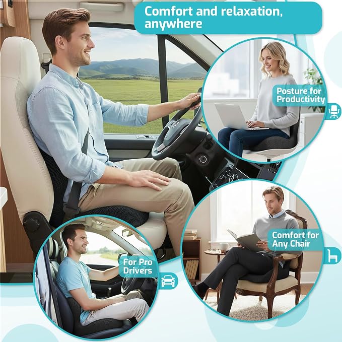 Trucker Seat Cushion, Thick Car Seat Cushions with Lumbar Support Pillow, Ergonomic L-Shaped Orthopedic Memory Foam for Long Driving Lower Back Pain Sciatica Relief, Gift for Drivers (Black+ Gray)