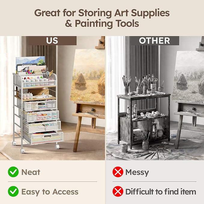 Rolling Art Cart with 4 Drawers, Maple | Art Supplies Organizer, 5-Tier Storage, Adjustable Dividers, Anti-Pull Mesh Drawers, Metal Frame, 4 Casters with 2 Locks