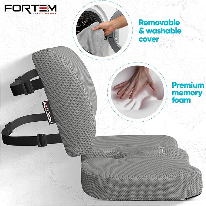 FORTEM Seat Cushion, Office Chair Cushion, Lumbar Support Pillow for Office Chair, Memory Foam Car Seat Cushions, Sciatica Coccyx Tailbone Pain Relief, Cushions for Back Support, Washable, Non Slip