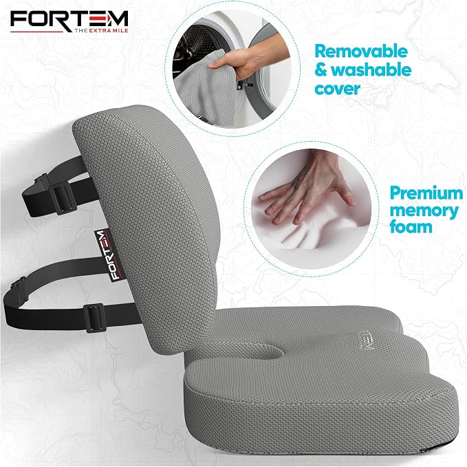 FORTEM Seat Cushion, Office Chair Cushion, Lumbar Support Pillow for Office Chair, Memory Foam Car Seat Cushions, Sciatica Coccyx Tailbone Pain Relief, Cushions for Back Support, Washable, Non Slip XL