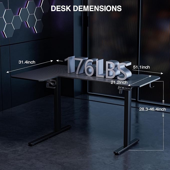 Acrolix L Shaped Electric Standing Desk - 51x31.5 Inch Reversible Corner Sit Stand Desk with Hook&Cup Holder,Electric Height Adjustable Table,for Small Home Office&Bedroom Computer Desk, Black Carbon