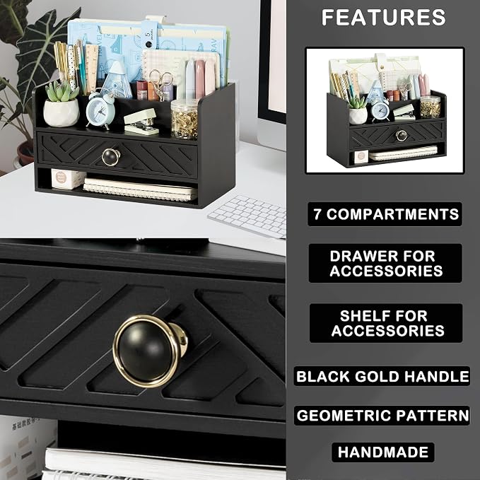 dreampossible Black Wood Desk Organizer and Accessories with Drawer, Bill Mail Organizer and File Mail Holder for Office Supplies, Desk Accessories & Workspace Organizers for Desk Organization