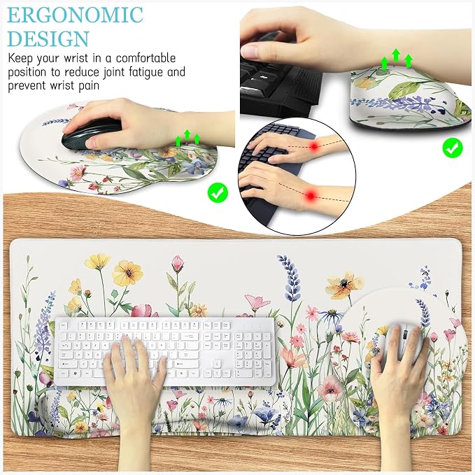 LIMKRIAN Flower Mouse Pad Set Large Desk Matt for Desktop, Ergonomic Mouse Pad with Wrist Rest, Gaming Wrist Support Keyboard Mat Cup Coaster Set Cute Office Desk Decor Accessories