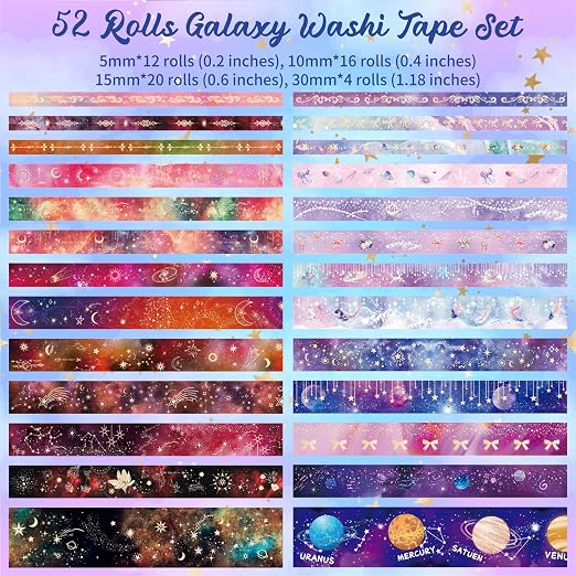 Ieebee 52 Rolls Washi Tape Set, Gold Foil Galaxy Washi Tape for Journaling Supplies, 4 Size Washi Tapes for Scrapbooking, DIY Journal Set, Craft, Gift Wrapping, Painting