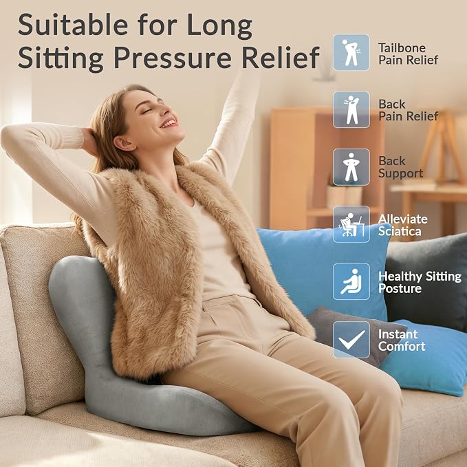 Exclusivo Mezcla Memory Foam Seat Cushion, Light Grey | Ergonomic Tailbone Pain Relief Cushions, Non-Slip Seat Pad, Suitable for Office Chair and Car Seat
