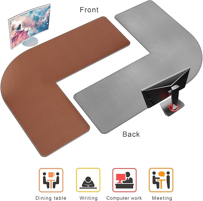 Chihein L-Shaped PU Leather Desk Pad (45.3” + 57.1”) x 15.7”(Brown/Gray), Reversible Corner Desk Mat, Computer Office Mouse pad Writing Table Pad for Home Office