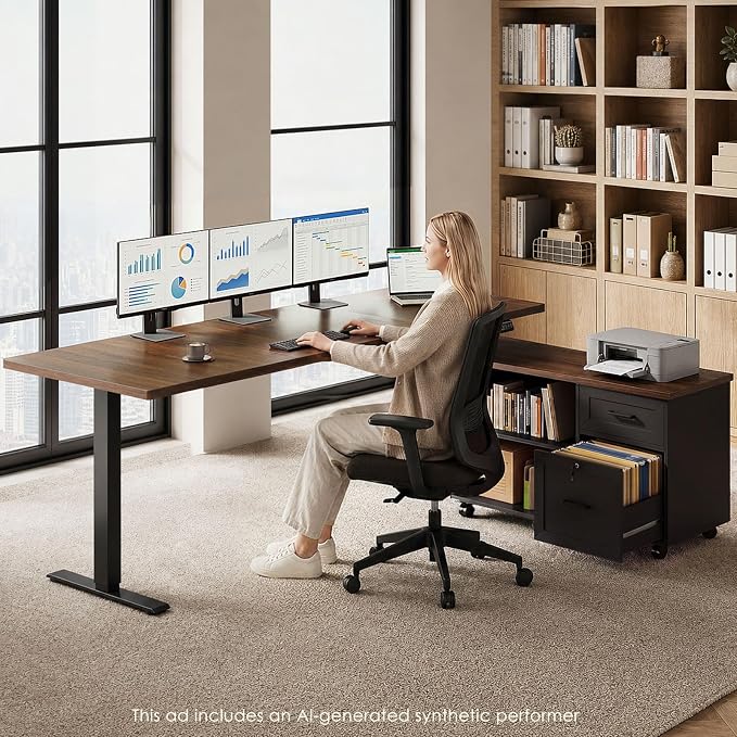 OffiGo 71" L Shaped Electric Standing Desk with File Cabinet, Walnut/Black | Mobile Drawers & File Cabinet for Flexible Layout, Height Adjustable Executive Stand Up Desk for Home Office Workstation