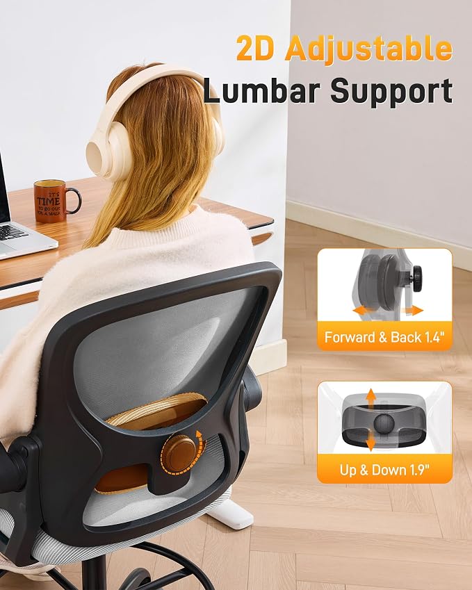 LukkDys Drafting Chair with Arms, Tall Office Chair for Standing Desks | Ergonomic lumbar pad, breathable mesh and foot ring support forward-leaning posture for sewing, crafts and daily studio work.
