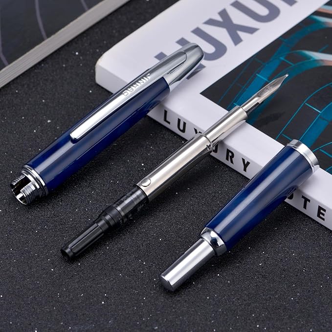 Jinhao 10 Press Fountain Pen with Box, Glacier Blue Retractable Medium Nib with Ink Converter Set (Silver Clip)