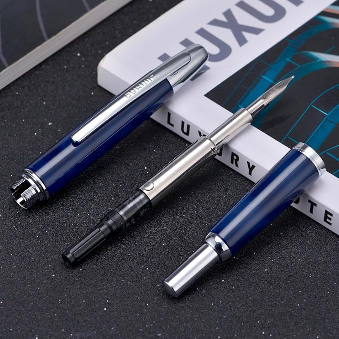 Jinhao 10 Press Fountain Pen with Box, Glacier Blue Retractable Extra Fine Nib with Ink Converter Set (Silver Clip)