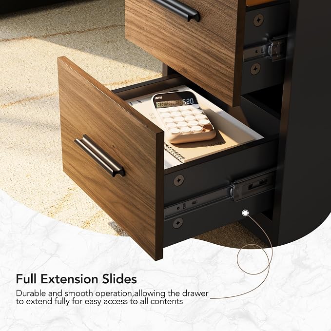HUANUO 63 Inch L Shaped Standing Desk, Electric Executive Height Adjustable Desk with Storage Drawers, Reversible Design Computer Workstation for Home Office, Black Walnut