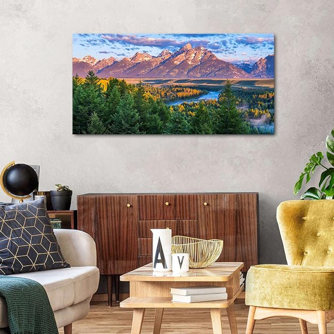 AIYISU Grand Teton Mountain Wall Art Sunset Nature National Park Posters Oxbow Bend Snake River Landscape Wall Decor Wyoming Scenery Painting Artwork for Living Room Office Home Decoration 24x48