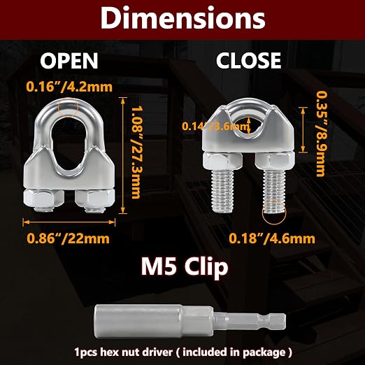 16PCS 3/16 to 1/4 Inches M5 Stainless Steel Wire Rope Clips Cable Clamp | Corrosion resistant,antirust,easy to install with 1 nut driver