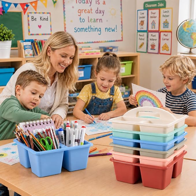 gisgfim 12 Pack Classroom Caddy with Handle Plastic Storage Caddy Organizer with 3 Compartments Desk Caddies Holder Portable Storage Bin for Pencil, Crayon, Marker, Home, Office, School Supply(Retro)