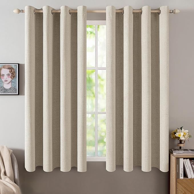 MIULEE Linen Curtains for Bedroom 100% Blackout Thermal Insulated Stone Grommet Room Darkening Curtains & Drapes Fall Decor for Living Room 52 x 63 Inch (2 Panels)