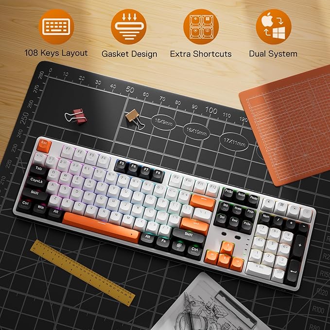 Redragon K689 PRO Wireless Gasket RGB Gaming Keyboard, 108 Keys Mechanical Keyboard w/Extra 4 Hotkeys, Upgraded Hot-swappable Socket, 3-Layer Noise Dampening, Round PBT Keycaps, Custom Linear Switch