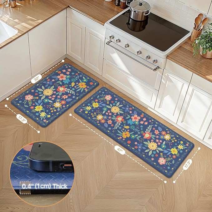 GENIMO Anti Fatigue Kitchen Mats for Floor 2PCS, Cushioned Standing Mats | 17.3"x47"&17.3"x30", Navy vintage floral rug set, waterproof, non slip, easy-clean for farmhouse