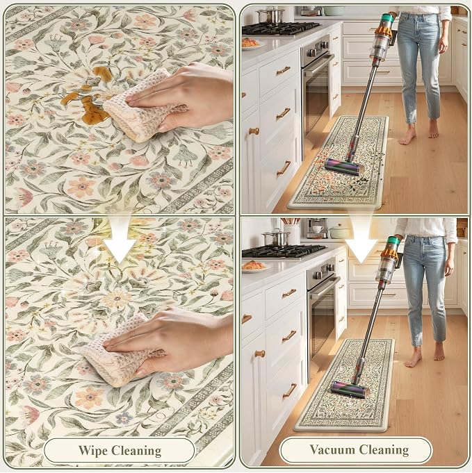 KIMODE Anti Fatigue Kitchen Mats for Floor 2 Piece 20"x59"+20"x32", Boho Kitchen Runner Rugs Non Slip, Beige Cushioned Kitchen Floor Mats, Comfort Standing Mats for Sink, Waterproof Laundry Room Rug