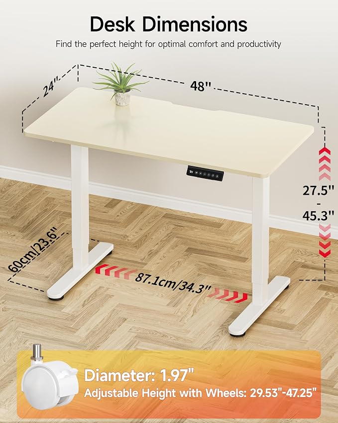 Okin Standing Desk Electric Adjustable Computer Whole Piece Stand up Desk with Wheels Office Gaming Home Office Memory Desks 48x24 inches Cream Brown