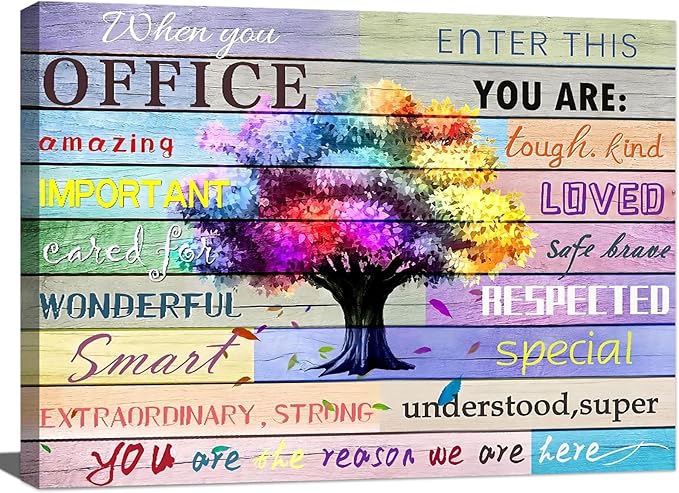 Inspirational Wall Art for Office Team Rules Wall Art Office Wall Decor Motivation Positive Quotes Wall Decor Colorful Tree Signs Framed Painting Prints Artwork for Home 36x24in Framed