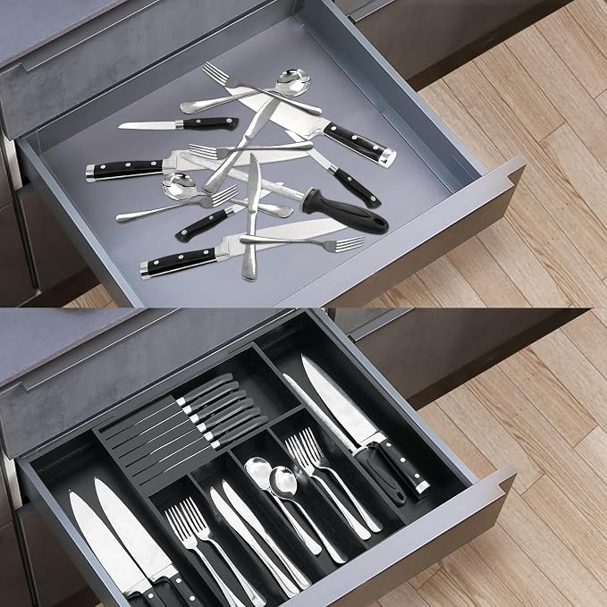 VaeFae Bamboo Silverware Drawer Organizer Kitchen, Expandable Utensil Organizer with Knife Block, Cutlery Tray with Divider, Multifunctional Drawer Organizer (Black)