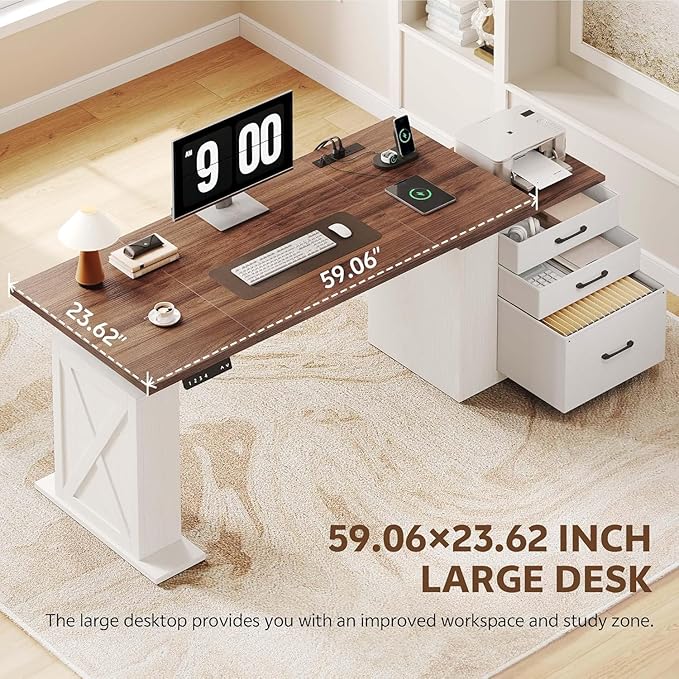 75.5'' Electric Standing Desk with Drawers, Farmhouse Height Adjustable Corner Desk, Sit Stand Office Desk with 4 AC Outlets & Type C Port, Executive Computer Desk, Brown & White