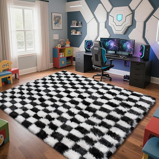 Checkered Rug for Living Room, 6x9 Black and White Area Rugs, Classic Checkered Carpets Shag Area Rug, Bedside Rugs for Living Room Bedroom Room Home Decor