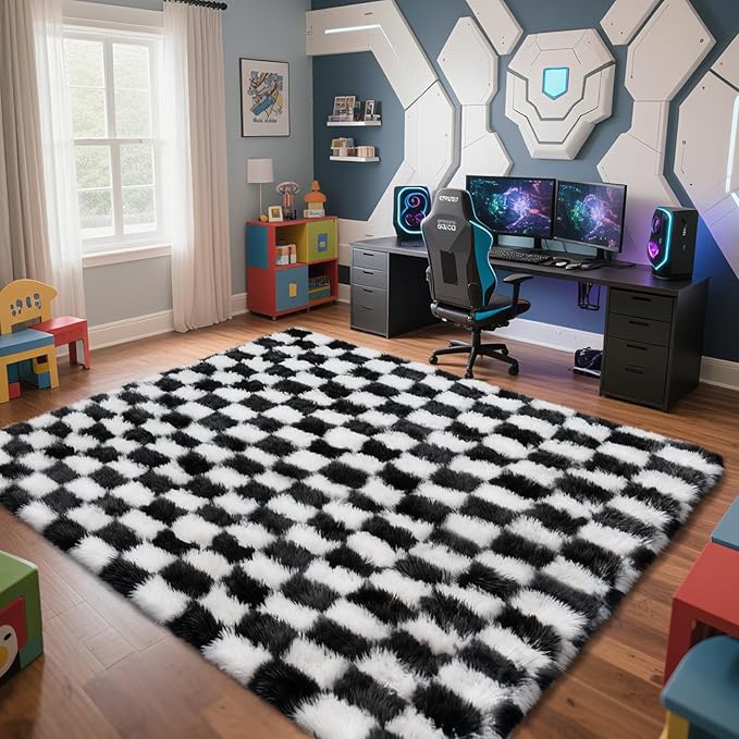 Checkered Rug for Bedroom, 5x8 Black and White Area Rugs, Classic Checkered Carpets Shag Area Rug, Bedside Rugs for Living Room Bedroom Room Home Decor