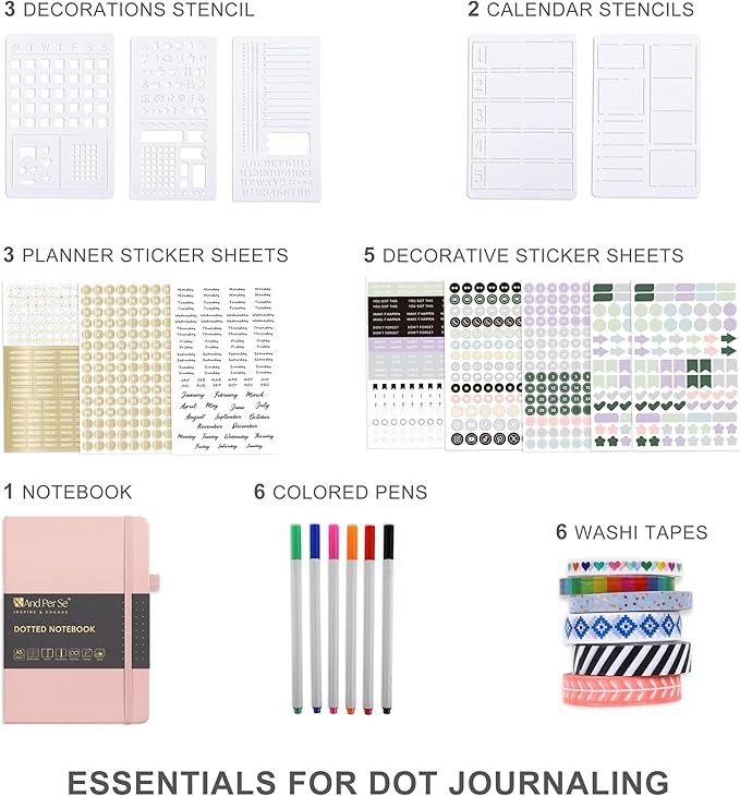 &And Per Se A5 Hardcover Dotted Notebook with 25+ Accessories - 6 Pens, Stickers, Stencils, Washi Tapes & Gift Box Included | Dotted Journal Kit for Beginners, Adults, Premium Gift Set (Pink)