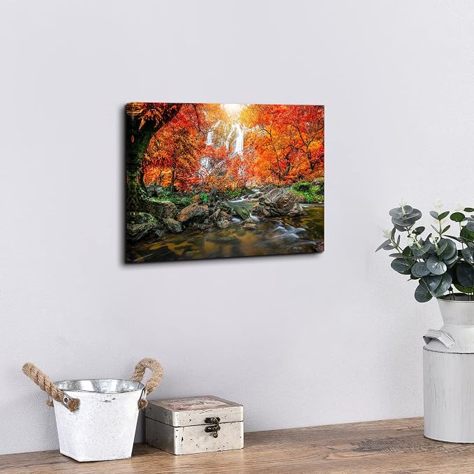 Sunset Waterfall Wall Art Burnt Orange Wall Decor Nature Tropical Forest Landscape Photo Canvas Prints Picture for Living Room Bedroom 12x16”, Trees Painting River Scenery Artwork Home Decorations