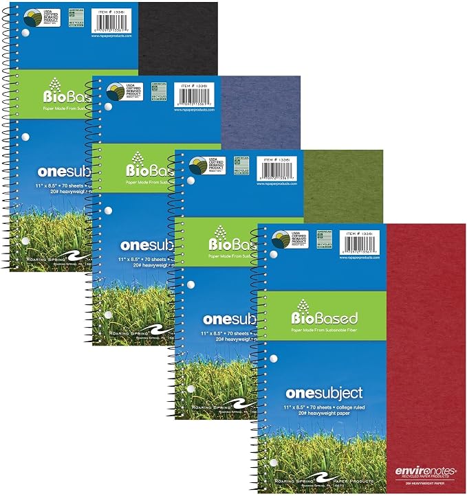 ROARING SPRING Case of 24, Environotes Recycled One Subject Spiral Notebook, Heavyweight College Ruled BioBased Paper, 11" x 8.5" 70 Sheets, Assorted Earthtone Covers