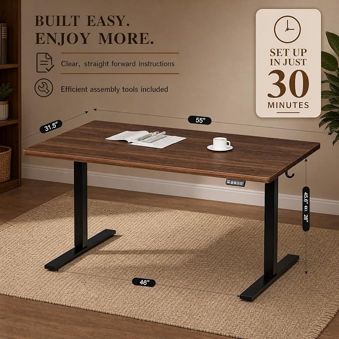 Grandder 55x32 Large Electric Standing Desk, Height Adjustable Computer Desk with 2 Memory Presets, 31.5" Deep Desktop Sit Stand Desk Home Office Desk Workstation Table with Hooks, Walnut